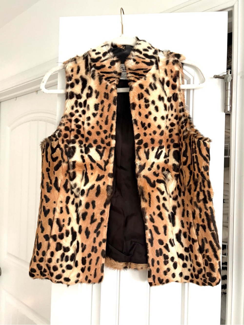 Carlisle Goat  Fur Leopard-Print Vest in Brown and Black in excellent condition